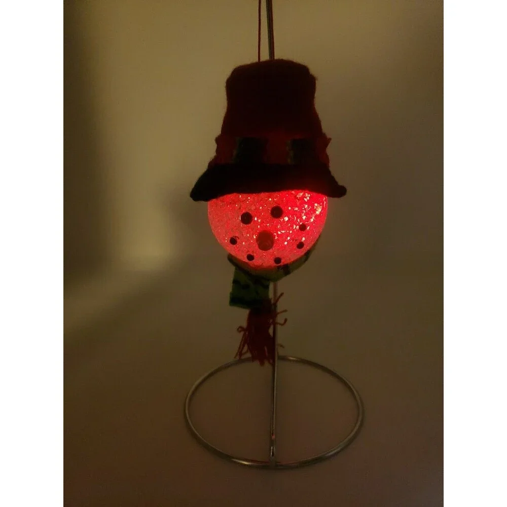 Melted Popcorn Snowman Head Ornament Light Up LED Color Changing Plastic Acrylic